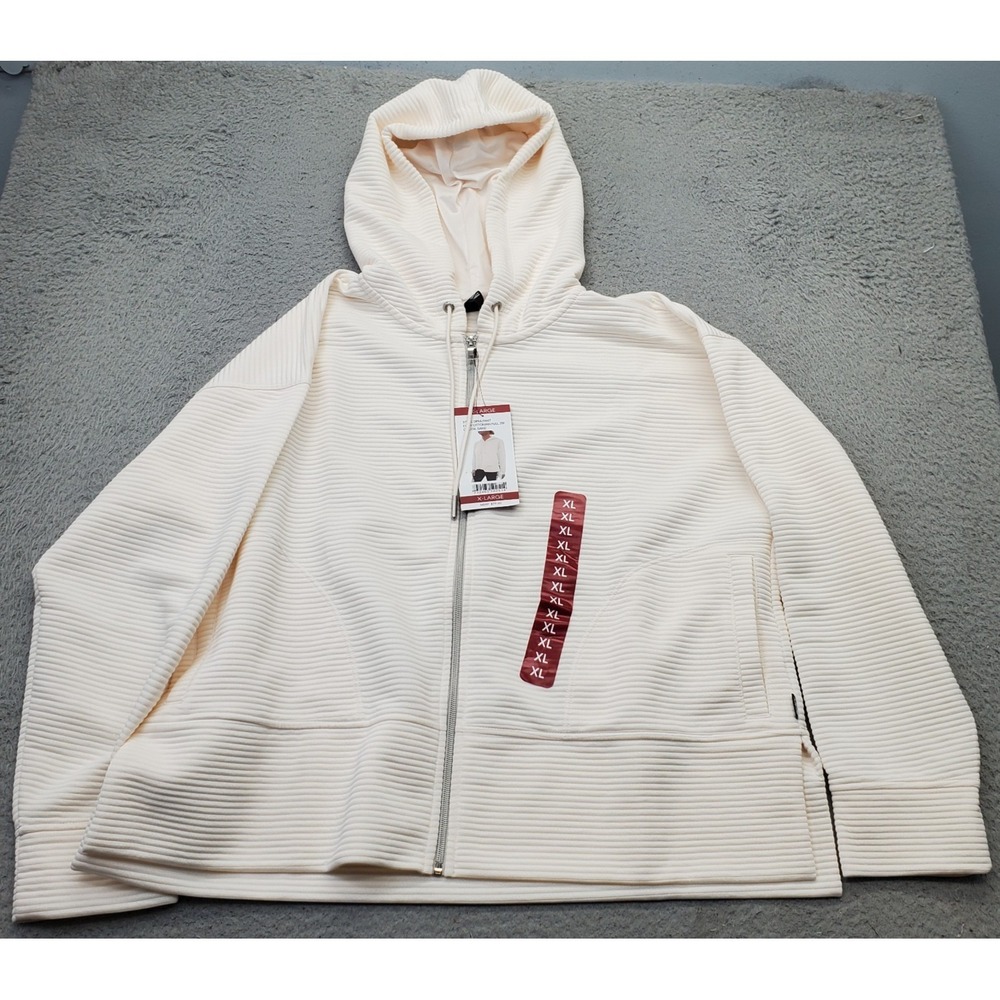DKNY Tech Ottoman Ribbed Hoodie Women XL Tan Stretch Long Sleeve Zip-Up DPMJ9667